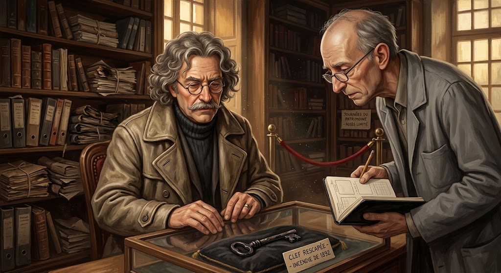 Otto von Strassenbach et l'archiviste Kurt Blinis penchés dans la bibliothèque calcinée d'un vieux manoir sur une clef noircie par le feu.