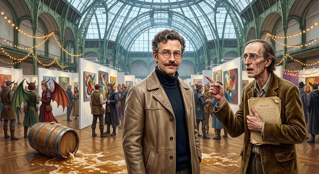 Otto von Strassenbach entouré de cimaises d'art abstrait et de cosplayeurs à ailes de dragon sous une verrière façon Grand Palais, aux côtés d'Hector-Marie Despladt brandissant un manuscrit devant un tonneau de cidre renversé.