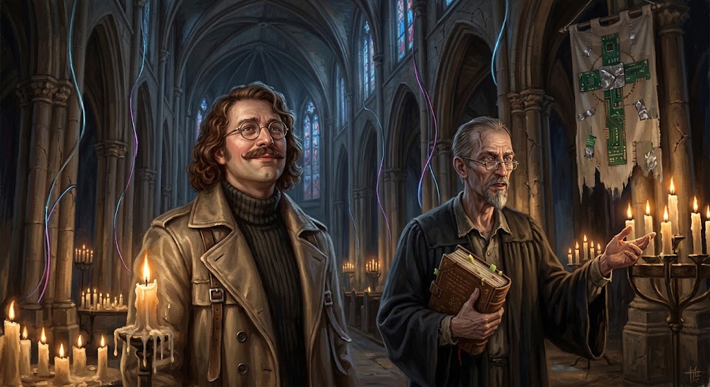 Otto von Strassenbach et Hector-Marie Despladt se tiennent dans une cathédrale gothique éclairée à la bougie, entre vitraux et câbles électriques, comme en pleine veillée sacrée détournée.