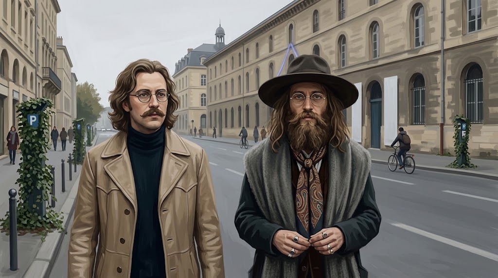 Otto von Strassenbach et bituur esztreym, en chapeau et étole grise, marchent sur un boulevard de Bordeaux rendu aux piétons, devant le capcMusée, un jour sans voiture de fin septembre.