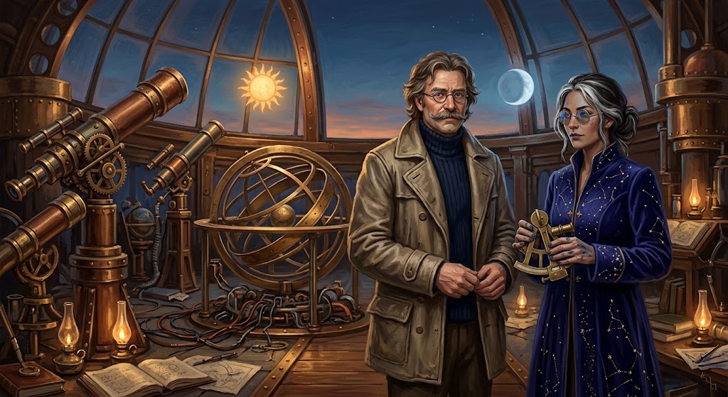 Otto von Strassenbach et Astrée Galbiatta dans un observatoire rétro-futuriste, entourés de télescopes de cuivre et d'une sphère armillaire, contemplant un ciel crépusculaire où le soleil et la lune semblent en équilibre parfait.