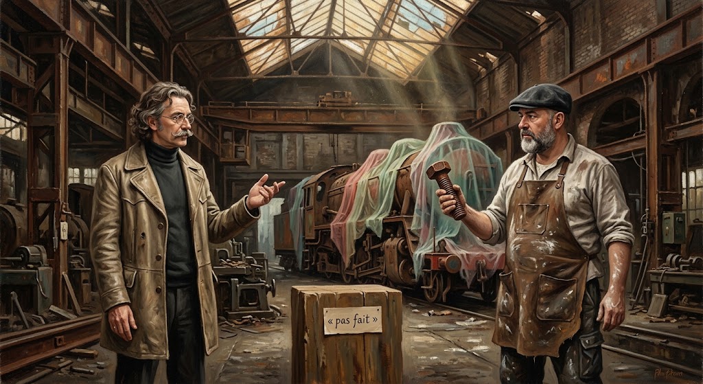 Otto von Strassenbach, dans un ancien atelier de locomotives baigné de lumière poussiéreuse, désigne un socle vide étiqueté « pas fait » tandis que Raphaëlo de Vicienti brandit un boulon géant comme une relique.