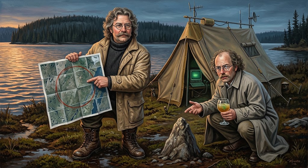 Otto von Strassenbach, carte satellite en main, au bord d'un lac boréal du Québec au crépuscule, pendant que son frère jumeau Oliviera Rasmoulade, à l'écart, verre de cocktail trouble à la main, désigne d'un air vexé un cône de percussion près d'une tente hérissée d'antennes.
