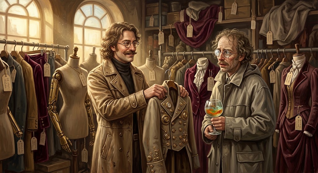 Otto von Strassenbach, en manteau de cuir beige, tend une redingote rétro-futuriste à son frère jumeau Oliviera Rasmoulade, jaloux dans son imperméable trop grand, au milieu des portants et des mannequins d'une réserve de musée de la mode du XIXe siècle.