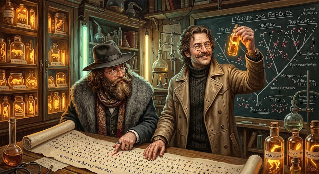 Otto von Strassenbach lève une fiole ambrée où luit un minuscule mammifère du Jurassique, dans un laboratoire rétro-futuriste, tandis que bituur esztreym déchiffre à ses côtés un rouleau de séquences protéiques comme un vieux manuscrit.