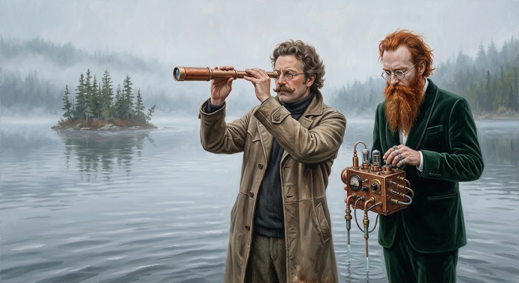 Otto von Strassenbach observe à la longue-vue une île flottante dérivant sur un lac boréal embrumé, aux côtés d'Ether-Michel Pillequant en smoking vert armé d'un appareil de mesure à cadrans de cuivre.