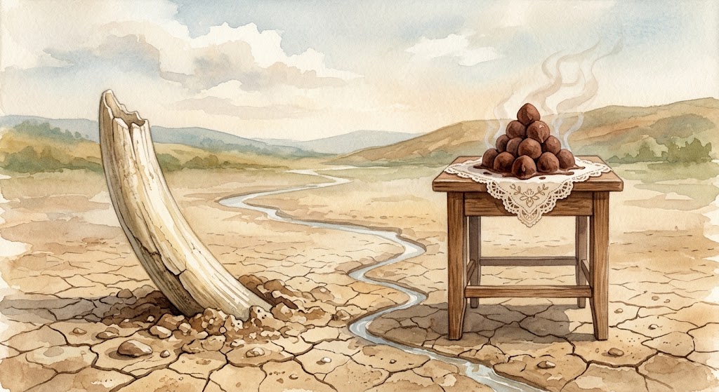 défense de mammouth ivoire émergeant d'un lit de rivière asséché, face à une pyramide de truffes au cacao légèrement fondues sur une table en bois — un mince filet d'eau relie les deux, sous une lumière de fin d'été.