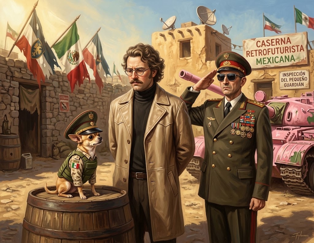 Otto von Strassenbach passe en revue, dans la cour d'une caserne mexicaine, un chihuahua en képi de la Garde nationale, sous le regard solennel de Dröne, médaillé et en lunettes noires.
