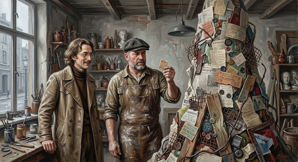 Otto von Strassenbach, moustachu et rond de lunettes, contemple avec Raphaëlo de Vicienti, en tablier de sculpteur poudré de plâtre, une montagne de tickets, de boutons et de planches collés dans un atelier hanovrien.