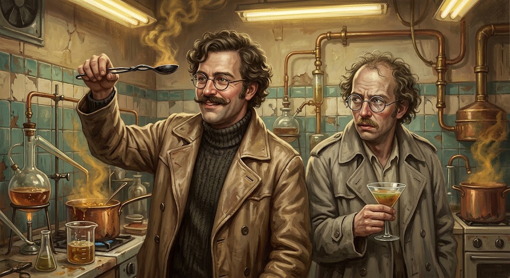 Otto von Strassenbach goûte une cuillère fumante dans une cuisine-laboratoire pleine de cornues, tandis que son frère Oliviera Rasmoulade, imperméable trop grand et verre de cocktail trouble en main, le regarde d'un œil jaloux.