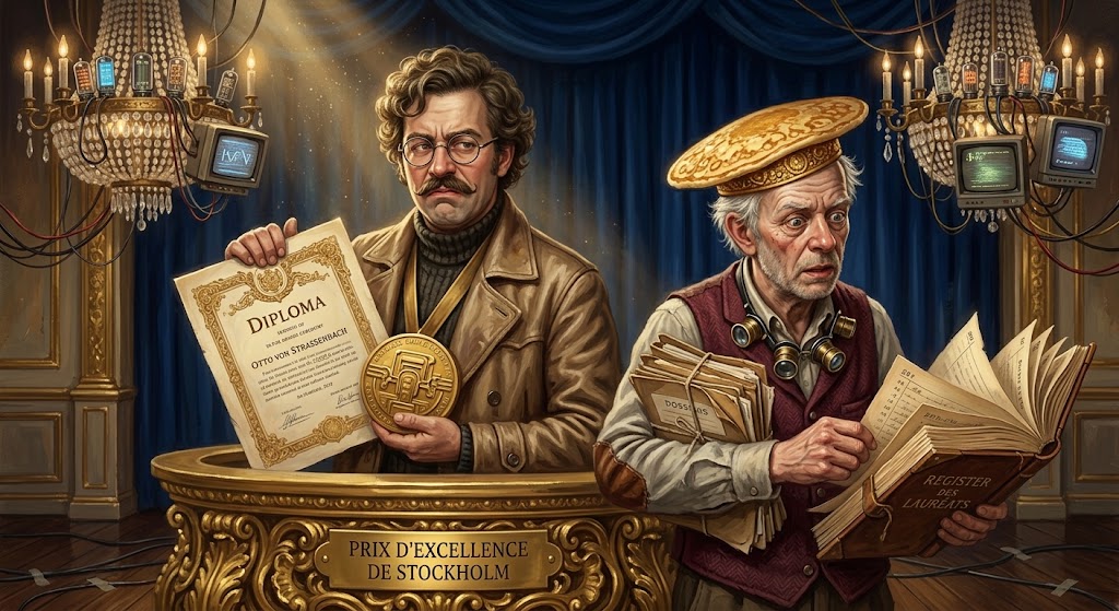 Otto von Strassenbach, sceptique, tient une médaille d'or géante sur une estrade de remise de prix bricolée de câbles et de vieux écrans, pendant que Kurt Blinis, coiffé d'un blini doré, épluche un registre de lauréats.