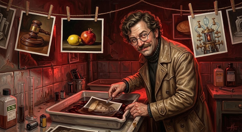 Otto von Strassenbach, moustachu à lunettes rondes, dans une chambre noire éclairée de rouge, regardant sécher des tirages où se mêlent un marteau de juge, une nature morte et une vieille machine à cœur.