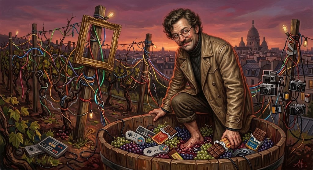 Otto von Strassenbach foule du raisin mêlé de manettes et de chocolat dans une cuve, au milieu des vignes de Montmartre au crépuscule.