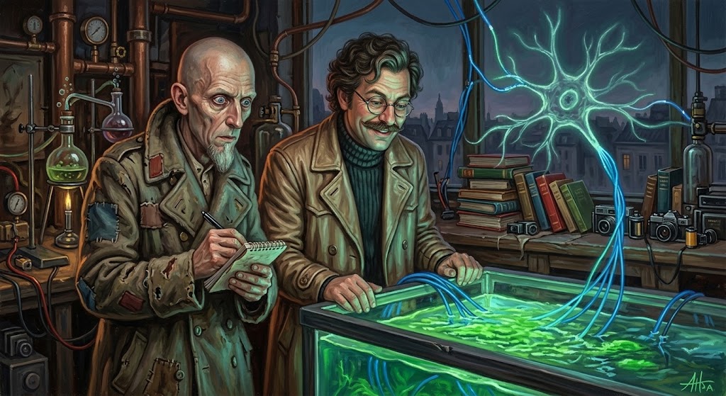 Otto von Strassenbach, moustachu à lunettes rondes, observe une algue lumineuse reliée par des fibres optiques bleues dans un bassin de laboratoire, pendant que Valentinus Lobster-Hulwicz, en capote morave, griffonne dans son carnet devant une pile de romans.
