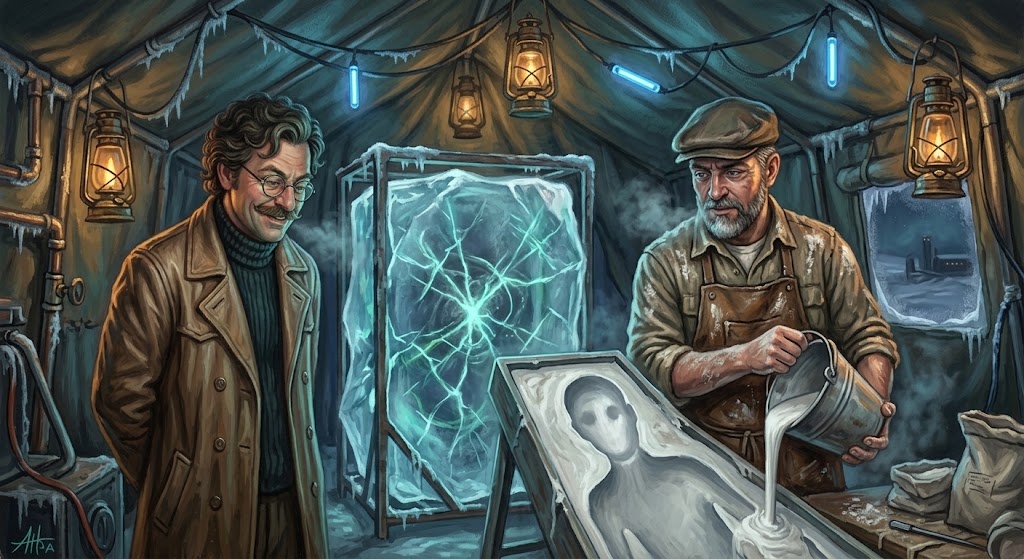 Otto von Strassenbach, en manteau beige, observe un bloc de glace traversé de lueurs pendant que Raphaëlo de Vicienti, tablier de sculpteur et casquette plate, moule un fantôme de plâtre sous une tente polaire.