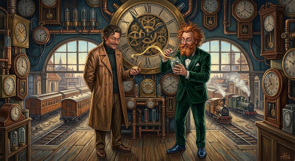 Otto von Strassenbach, moustachu en manteau de cuir beige, tient une montre ouverte d'où s'échappe un ruban de lumière dorée sous l'immense horloge à l'envers d'une gare, tandis qu'Ether-Michel Pillequant, barbe rousse et smoking vert, tente de capturer l'heure en trop dans un bocal.