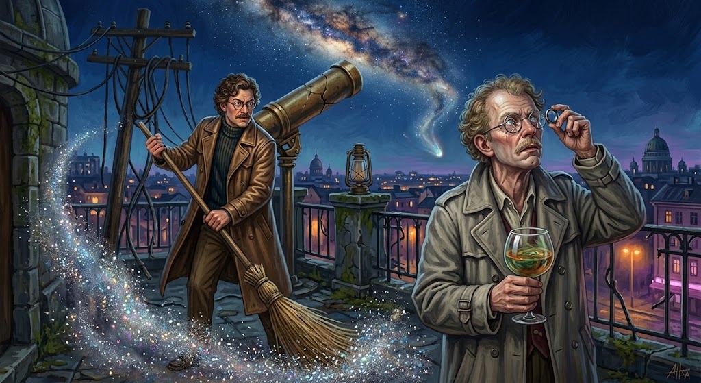 Otto von Strassenbach balaie un nuage de poussière d'étoiles sur la terrasse d'un vieil observatoire, tandis que son frère jumeau Oliviera Rasmoulade, verre trouble en main, lève un regard jaloux vers le ciel.