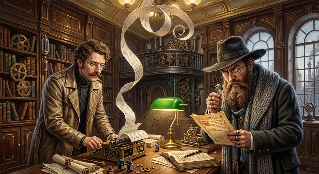 Otto von Strassenbach, moustachu en manteau de cuir beige, observe un ruban de papier jaillir d'une machine à écrire dans une salle de tribunal-bibliothèque, tandis que bituur esztreym, chapeau sombre et longue barbe, scrute une page à la loupe.