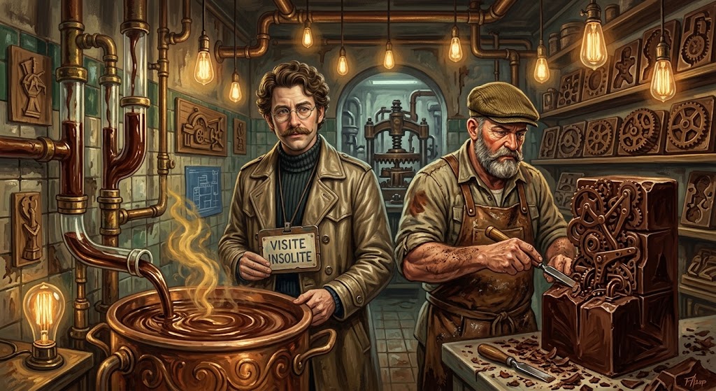 Otto von Strassenbach, moustachu en manteau beige, observe Raphaëlo de Vicienti qui taille au ciseau une i.-m.achine dans un bloc de chocolat, au milieu d'un atelier de cuivre et de vapeur dorée.