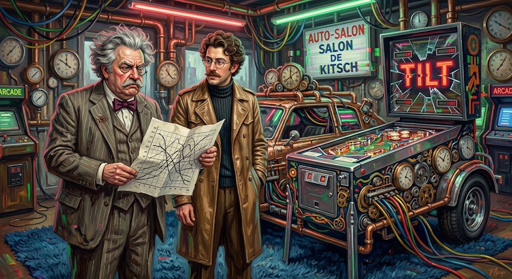 Otto von Strassenbach et Hector-Marie Despladt devant une voiture d'exposition bricolée de câbles et de cadrans, dans un salon automobile éclairé de néons, un flipper affichant TILT en fond.