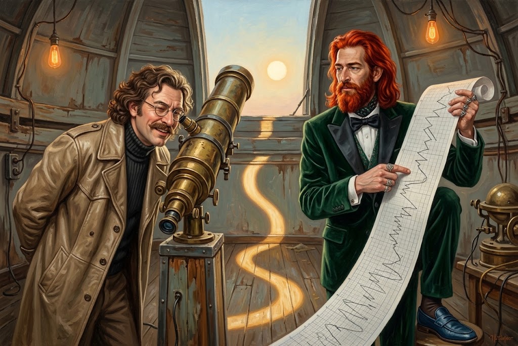 Otto von Strassenbach et Ether-Michel Pillequant, barbe rousse et smoking vert, observent un Soleil en zigzag depuis la coupole d’un vieil observatoire.