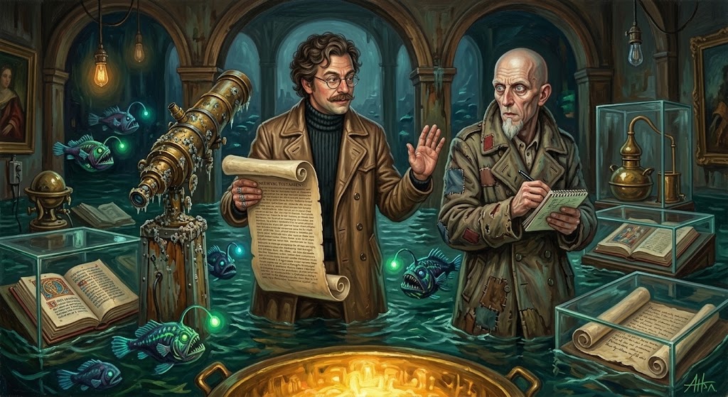 Otto von Strassenbach, parchemin en main, dans une salle de musée à moitié engloutie où flottent manuscrits et poissons des abysses, pendant que Valentinus Lobster-Hulwicz, en capote morave, griffonne dans son carnet.
