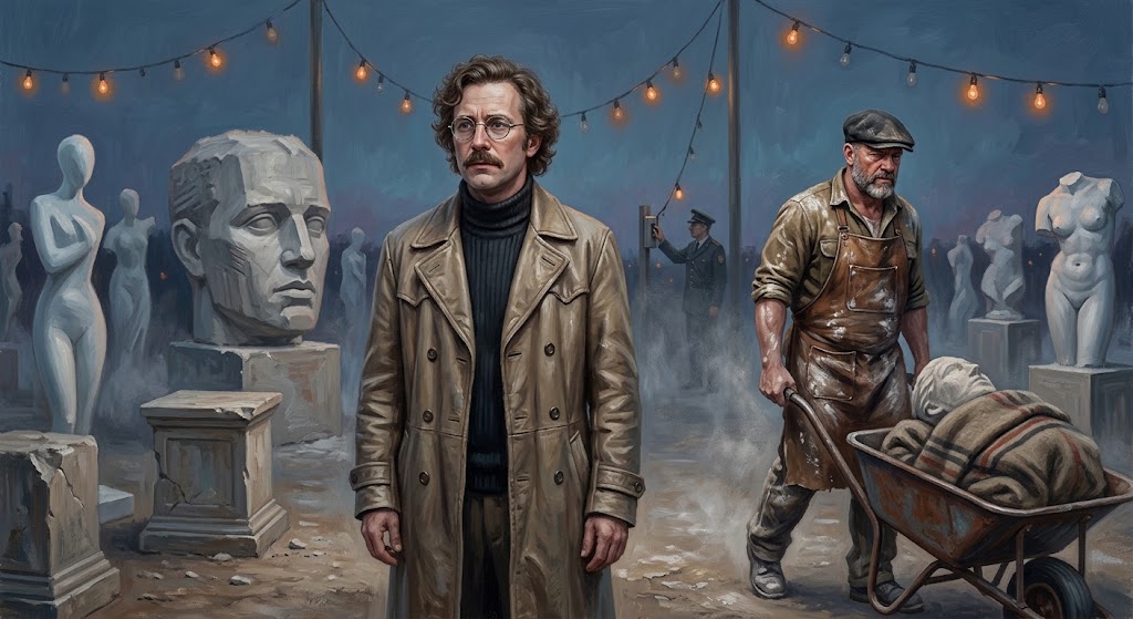Otto von Strassenbach et Raphaëlo de Vicienti, couvert de poussière de plâtre et poussant une brouette, traversent à la nuit tombante une esplanade de statues blafardes où un gardien éteint les dernières guirlandes.