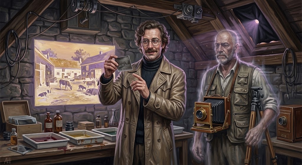 Otto von Strassenbach brandit une plaque d'étain encore humide dans une chambre noire de grenier percée d'un trou d'épingle, tandis qu'Hugo Doigtnoeud, appareil à soufflet en bandoulière, pose si longtemps qu'il en devient flou.