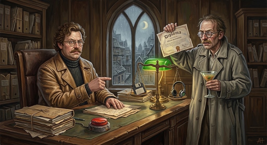 Otto von Strassenbach, derrière un bureau de tribunal rétro-futuriste, regarde son frère jumeau Oliviera Rasmoulade lui tendre un diplôme imprimé de travers, tandis qu'une balance de justice hésite entre une disquette et un casque de jeu vidéo.