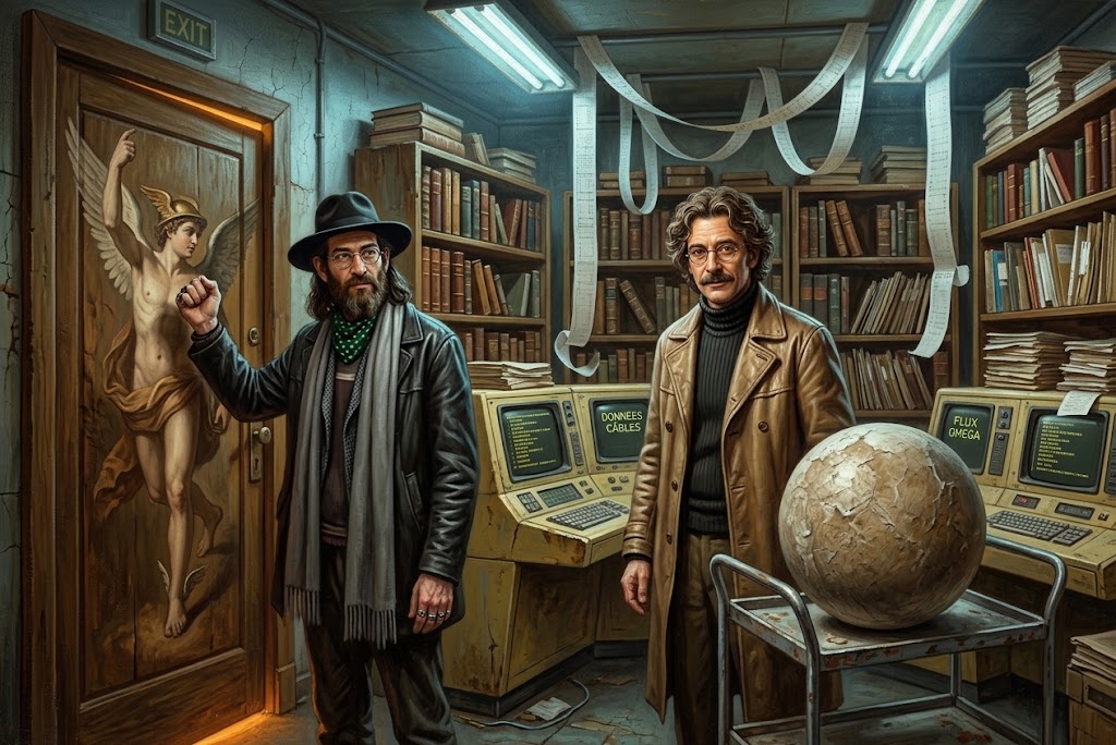 Otto von Strassenbach dans une vieille salle de contrôle spatial transformée en bibliothèque, près d'un globe de plâtre de Mercure, tandis que bituur esztreym, chapeau et barbe broussailleuse, lève le poing pour frapper à une immense porte de chêne.