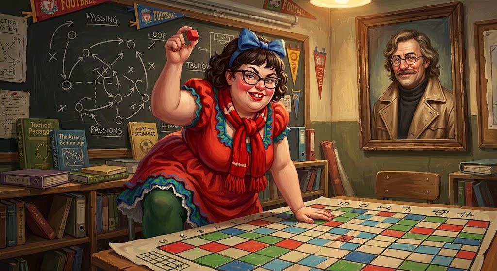 Polly Formail, jeune Anglaise de Liverpool tout en rouge, vert et bleu, brandit un pion cube rouge au-dessus d'un plateau de jeu dans une salle de classe de stade, sous le regard bienveillant d'un portrait d'Otto von Strassenbach.