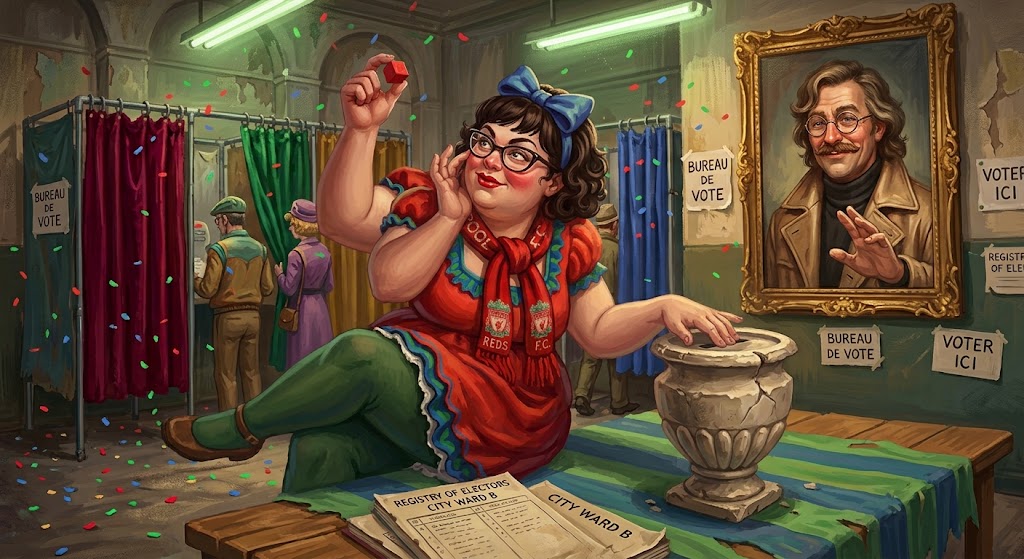 Polly Formail, vêtue de rouge, de vert et de bleu, brandit un bulletin en forme de dé devant une urne de plâtre, sous le portrait peint d'Otto von Strassenbach, dans un bureau de vote délabré.